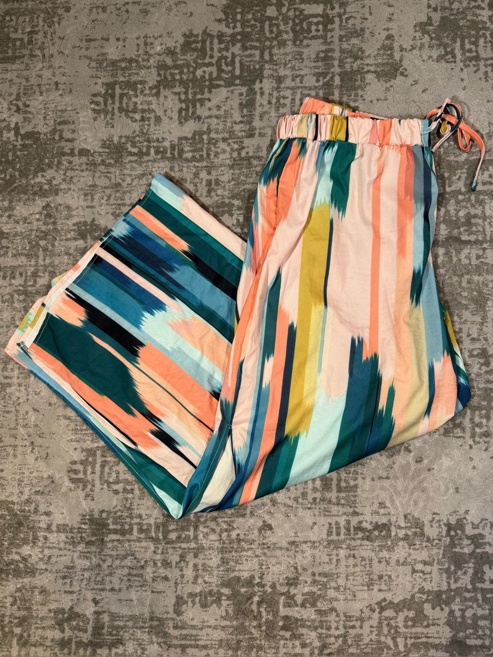 Colorful Striped Drawstring Wide Leg Pants Teal Coral Mint Mustard Women's 3XL